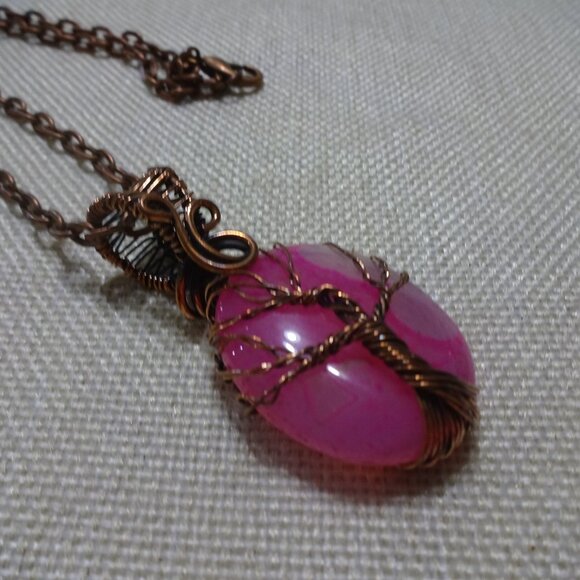 Rustic PINK BOTSWANA AGATE Handmade COPPER WIRE-WRAPPED TREE Pendant/Chain 349C - Picture 1 of 3
